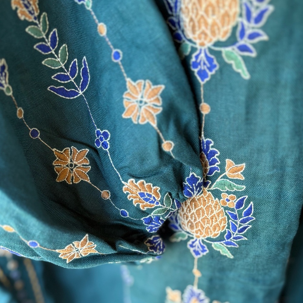 FARM Rio Pineapple Embroidered Green Linen Tunic Maxi Dress Size Large NWT - Picture 9 of 16
